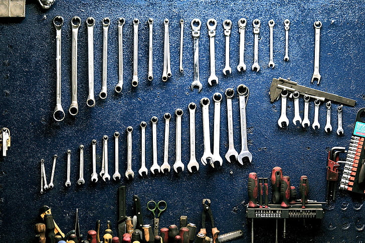 nycklar, verkstad, mekaniker, verktyg, utrustning, reparera, arbetsredskap