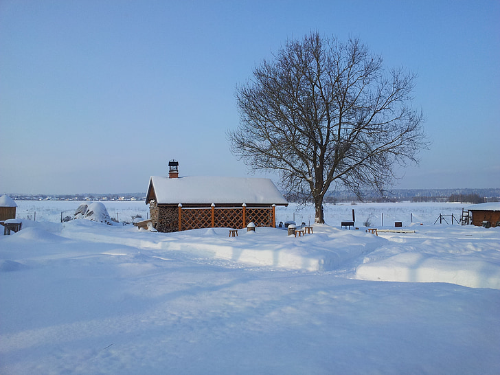 neu, l'hivern, paisatge, Rússia, poble, casa de camp