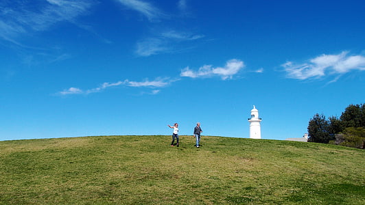 Lighthouse, gräs, Hill, personer, Beacon, kusten, landskap