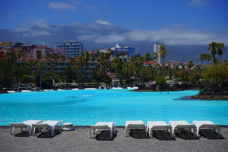 chaises longues, piscine, ville, Puerto de la cruz, gratte-ciels, Pico del teide, Teide