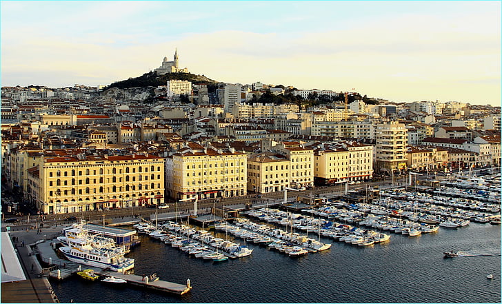 Marseille, hamn, liggande solen, Europa, stadsbild, arkitektur, berömda place