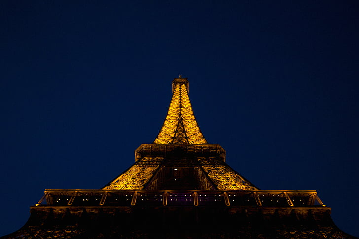 lage, hoek, fotografie, Eiffel, toren, nacht, Frankrijk