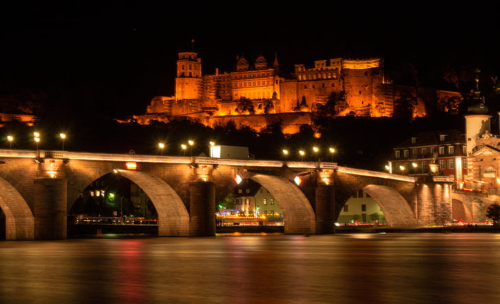 cây cầu cũ, Heidelberg, Neckar, lâu đài, xây dựng, chiếu sáng, đêm