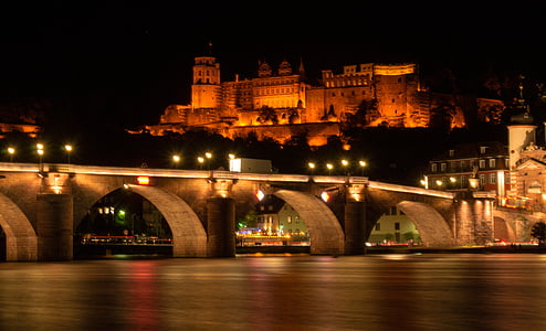 oude brug, Heidelberg, Neckar, Kasteel, gebouw, verlichting, nacht