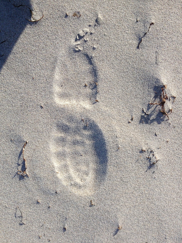 stranden, sand, spor, spor i sanden, sko, mann, fotavtrykk