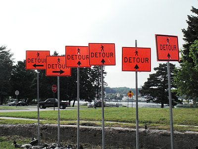 detour, confusion, sign, direction, conflict, chaos, orange