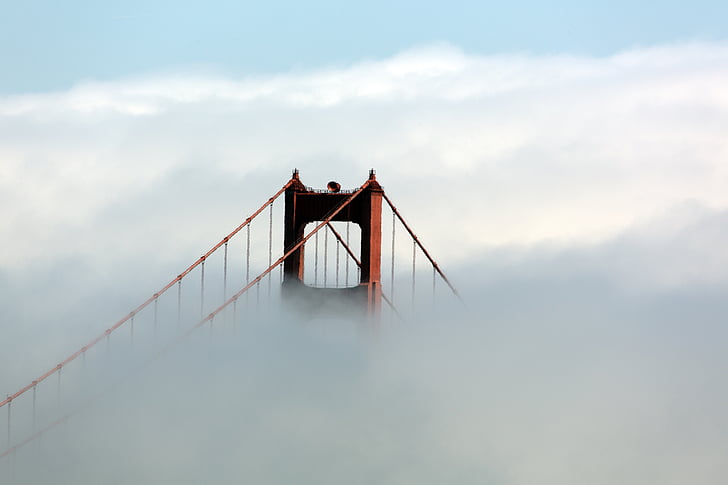 bridge, golden gate, fog, clouds, tower, san francisco, bay