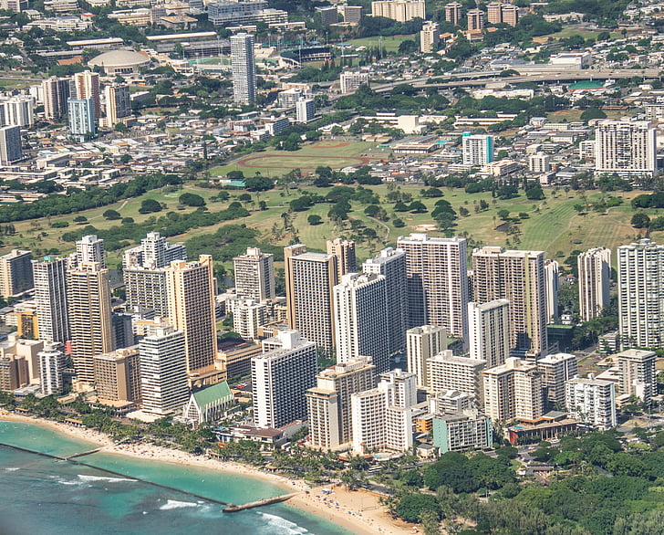 Honolulu, Havaj, mrakodrapy, letecký snímek, Panorama, město, cestování