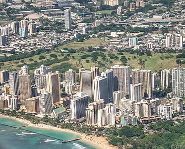 Honolulu, Hawaii, debesskrāpju, antenas šāviens, siluets, pilsēta, ceļojumi