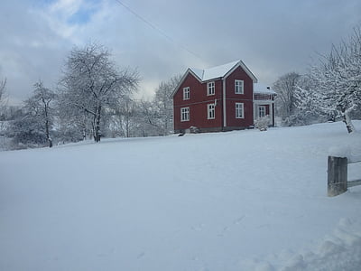 musim dingin, cottage merah, merah rumah, salju, senja
