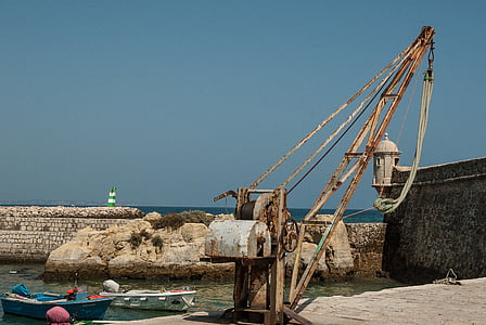 portugal, algarve, tavira, crane, port, boats, ramparts