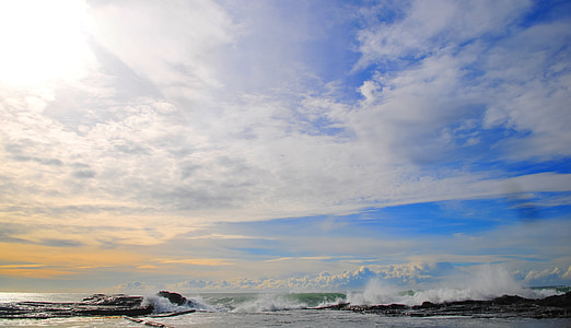oceano, Costa, onde, spruzzo, cielo, nuvole, mare