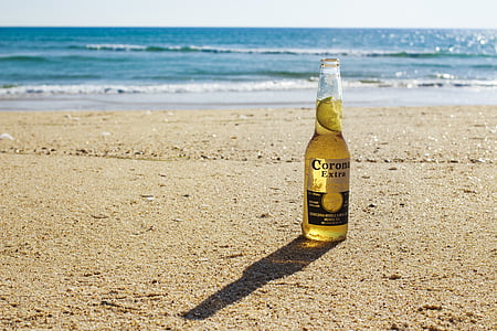 clear, corona, extra, beer, bottle, seashore, near