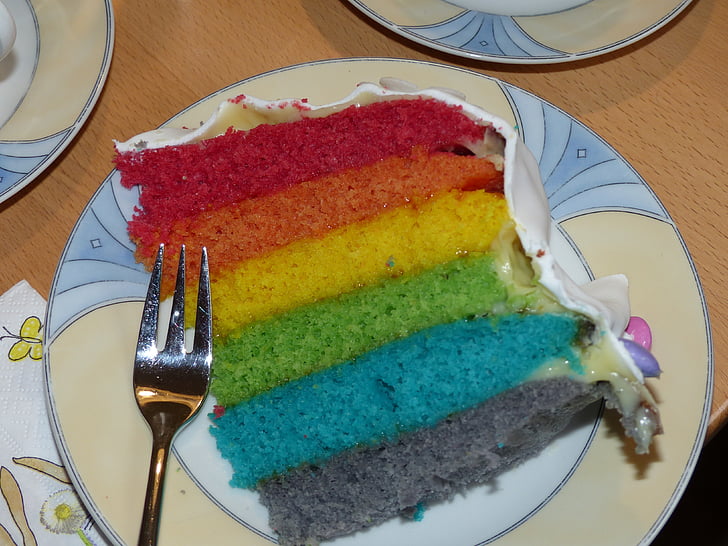 bir parça kek, pasta, Renk, tatlılık, gökkuşağı renkleri, Gökkuşağı, pasta ve şekerlemeler ürünler