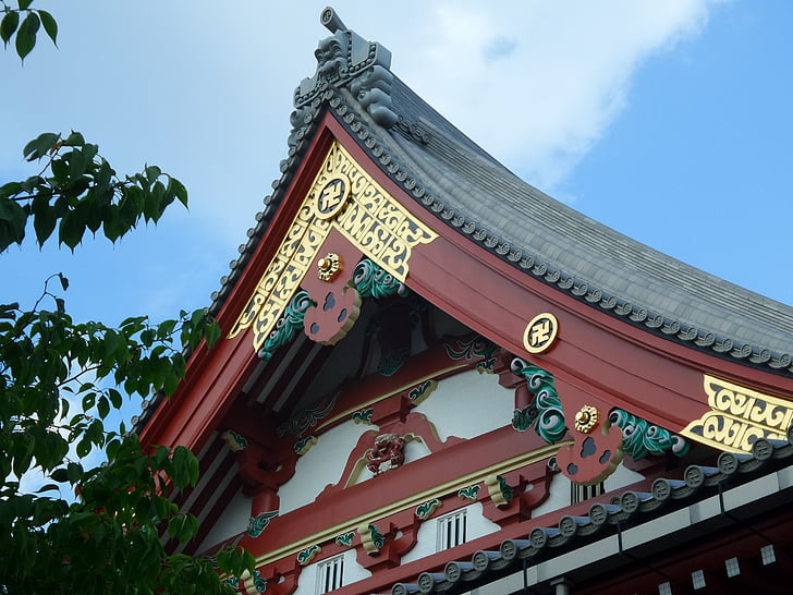 Japan, Temple, Tag, dekoration, guld, rød, blå