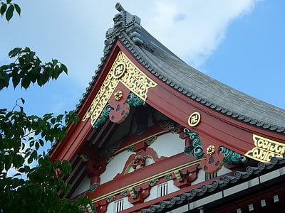 Japon, Temple, toit, décoration, Or, rouge, bleu