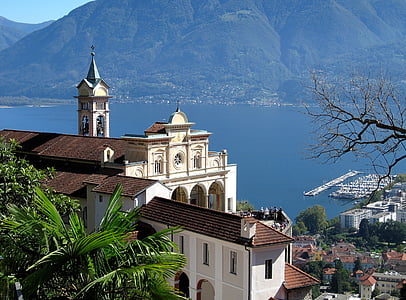 templom, tó, táj, kegytemplom, Ticino, Locarno, Svájc