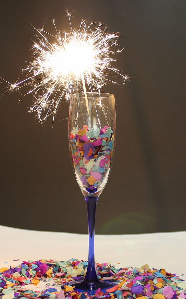 champagne glass, sparkler, confetti, prost, carnival, celebration, new year's eve
