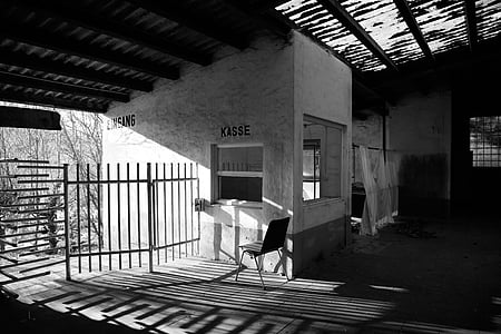 black-and-white, building, chair, empty, old building, shadow