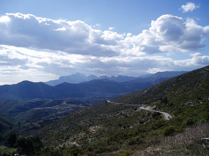 spanish mountain road, mountain road, view, vista, clouds, blue, sky