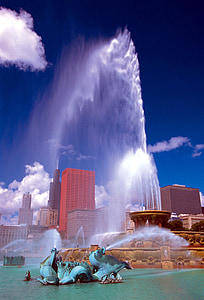 chicago, building, downtown, fountain, water feature, water, summer