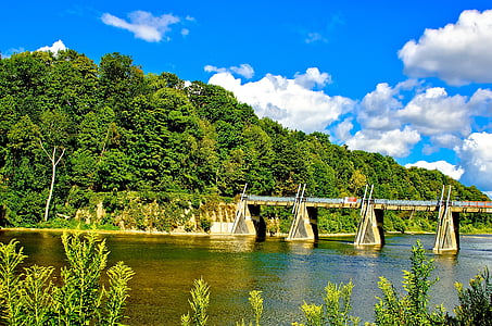 Brücke, Fluss, Wasser, Büsche, Natur, Sommer, Landschaft