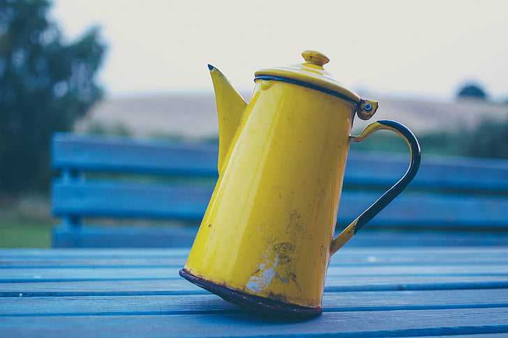 yellow, steel, pitcher, pallet, table, cloudy, sky