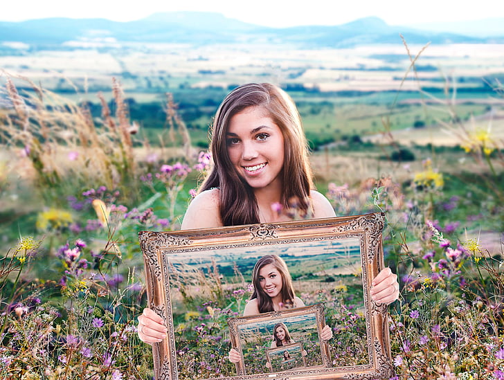 girl, holding a frame, portrait, blue, endless, flowers, female