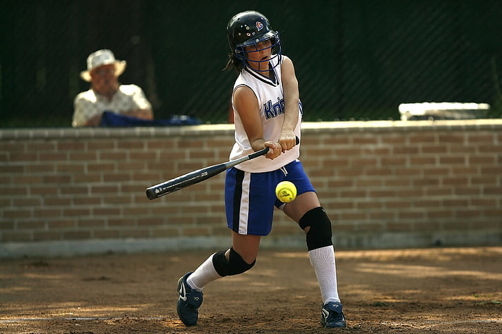 softball, mīklā, meitene, spēle, konkurss, šūpodams, trāpot