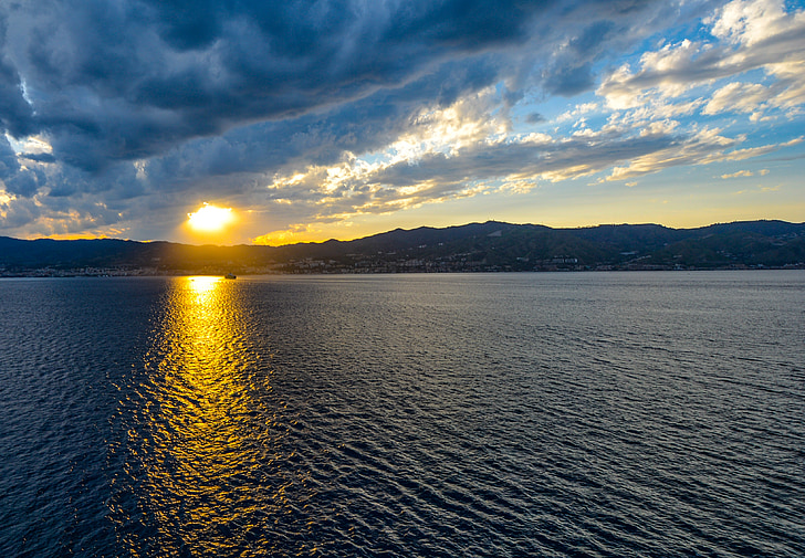 Sicília, pôr do sol, céu, nuvens, azul, barco, sol