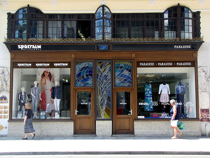 shophouse, vindue, facade, Nouveau facade, symmetri, shopping, Modebutik