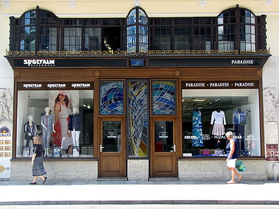 shophouse, vinduet, fasade, Nouveau fasade, symmetri, shopping, mote butikk