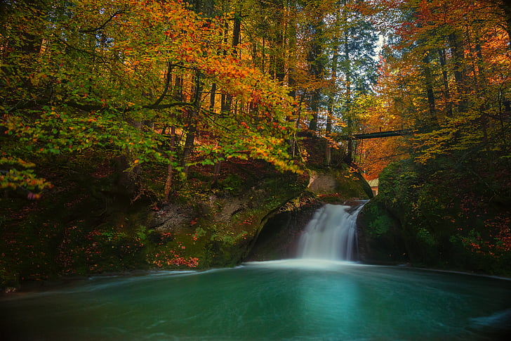 autumn, long exposure, waterfall, bergsee, golden, nature, lake