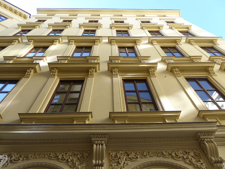 Vídeň, fasáda, žlutá, bydliště, okno