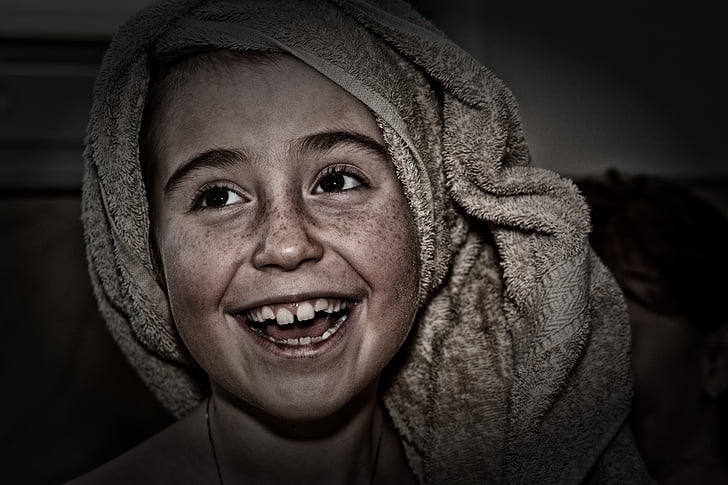 child, girl, face, laugh, towel, close, dirty