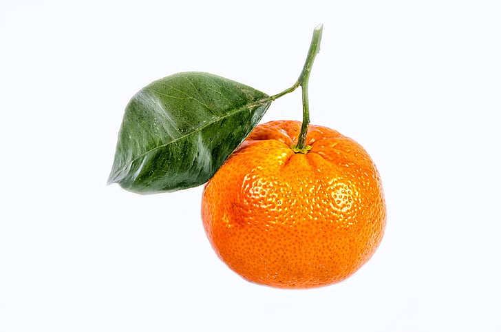 Mandarin, vert, blanc, feuille, gros plan, isolé, mandarine