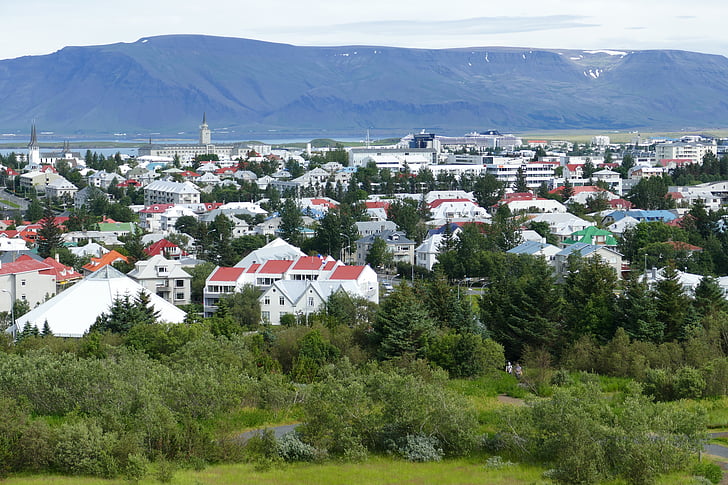 Reykjavik, Islandia, panoramy, Kościół, góry, Atlantic, morze