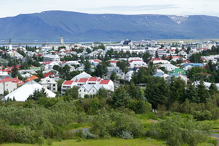 Рейкявик, Исландия, панорама, Църква, планини, Атлантическия океан, море