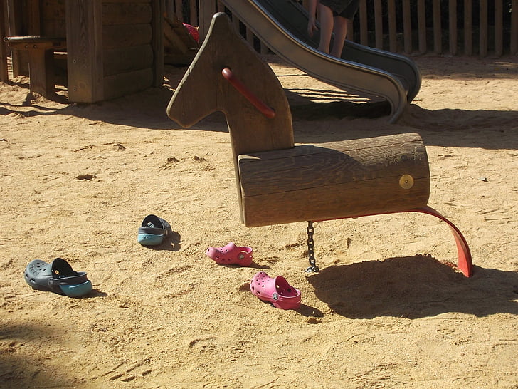 barn, spille, lekeplass, sand, sandaler, barndommen, gyngehest