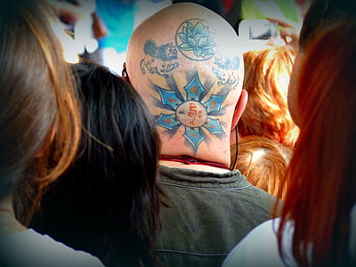 tatuaggio, folla, colori, uomo, testa