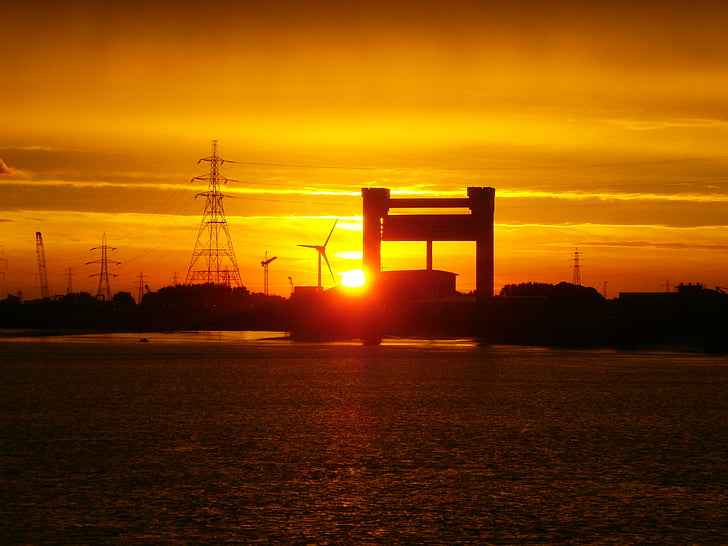 solnedgång, Thames, floden, England, arkitektur, Skyline, kvällen