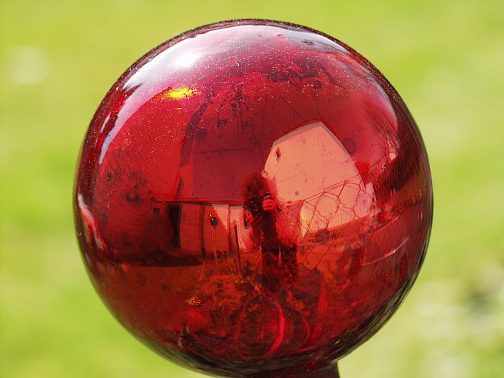 rose ball, glass, red, reflections, red shimmer, ball, mirror image