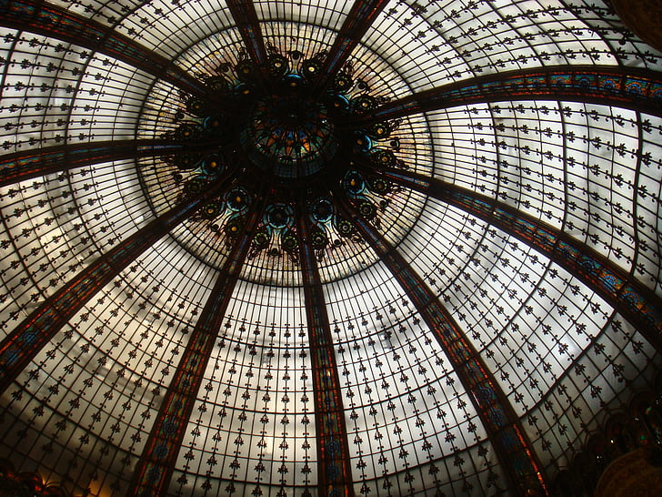 Les galeries lafayette, Paris, França, teto, arquitetura, janela, dentro de casa