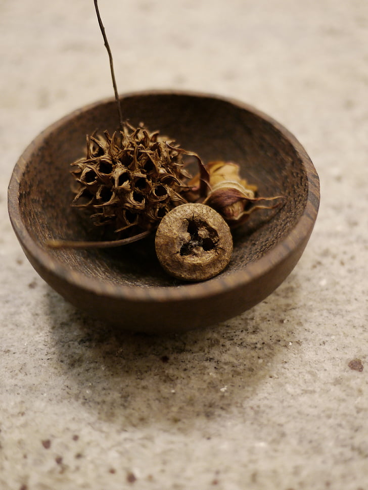 autumn, dried flowers, bowl, wood