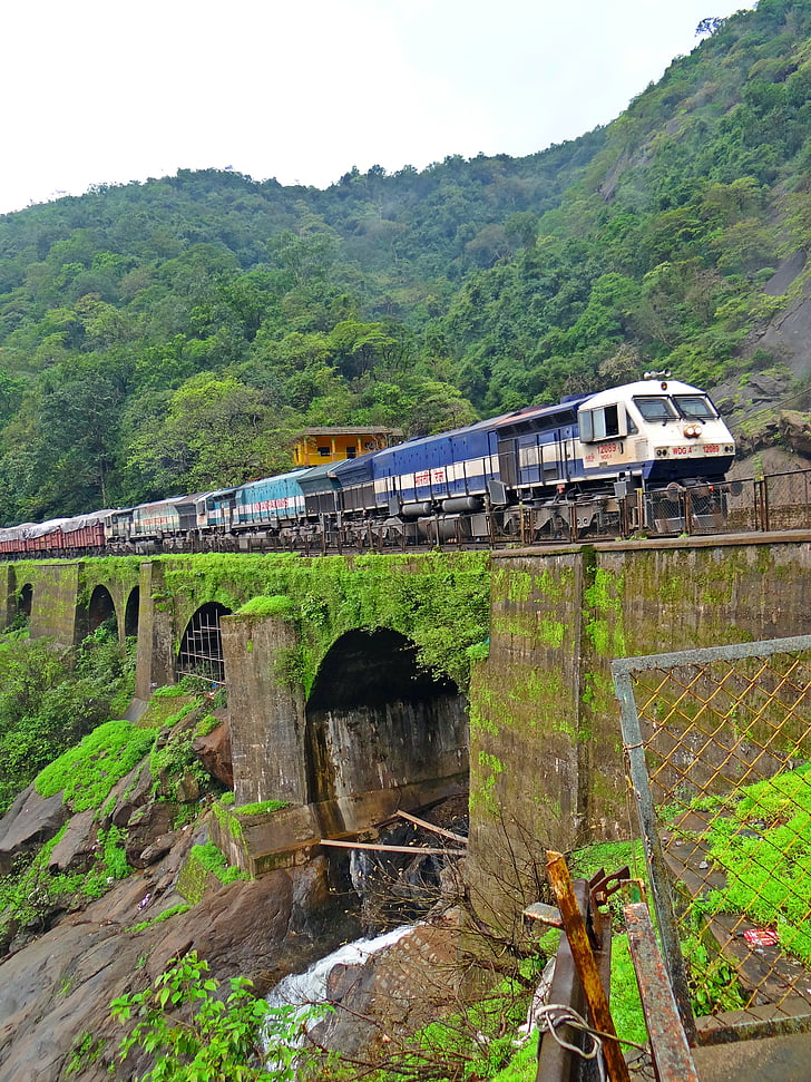 Zug, Lokomotive, indische Eisenbahn, Eisenbahnbrücke, Eisenbahnbrücke, Berge, Dudh sagar