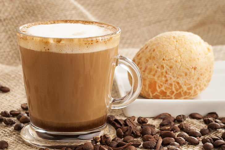 coffee, cheese bread, bread, food and drink, drink, coffee - drink, brown