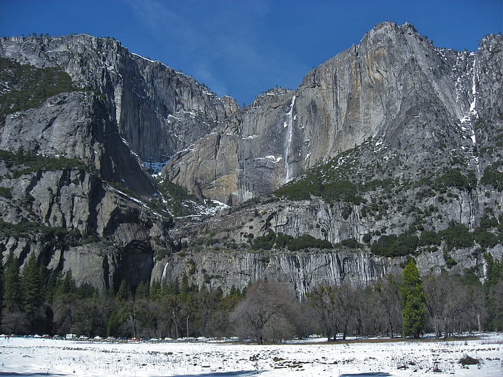 Yosemite, vesiputous, lumi, lumen sulamisen, vesi, spray, sininen taivas