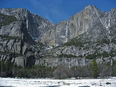 Yosemite, vízesés, hó, snowmelt, víz, spray, kék ég