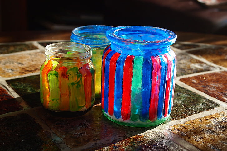 jars, glass, glassware, glass paint, tinkering, dye, coloured