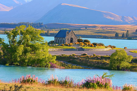 Lake tekapo, Nový Zéland, kostel, Příroda, kostel dobrého pastýře, ráno